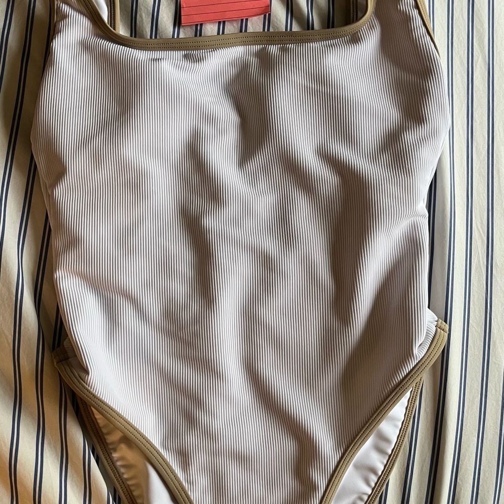 White and Tan One-Piece Swimsuit